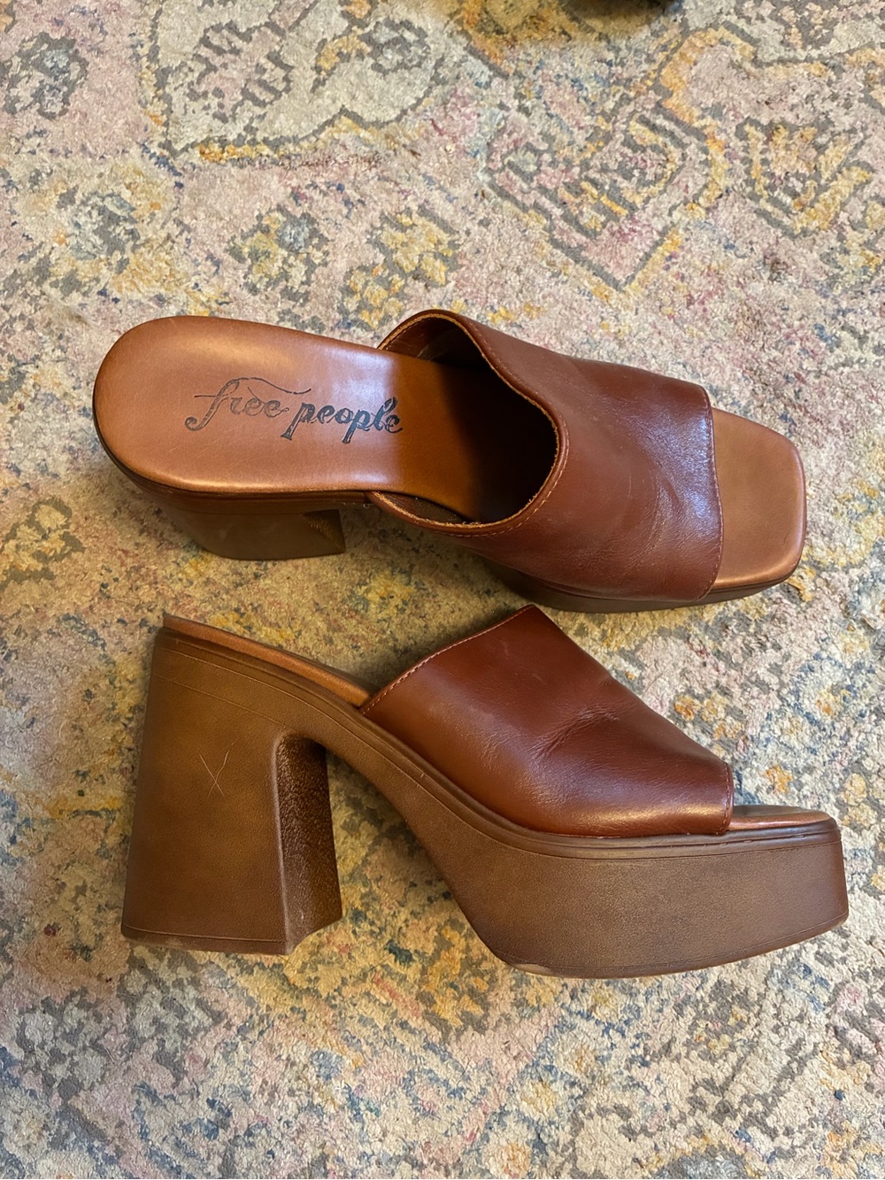 Free People Chestnut Brown Leather Platform Mule Heels